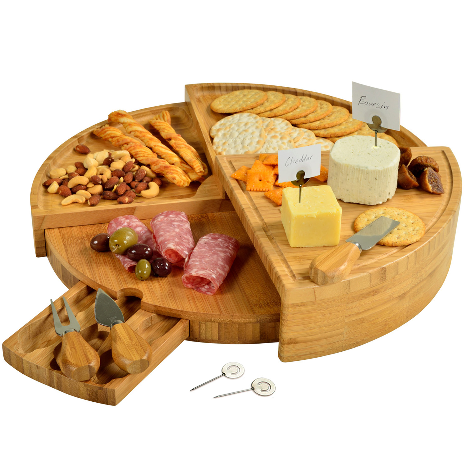 Bamboo Cutting Board for Cheese & Charcuterie with Knives & Cheese Markers- Stores as a Compact Wedge- Opens to 18" Diameter